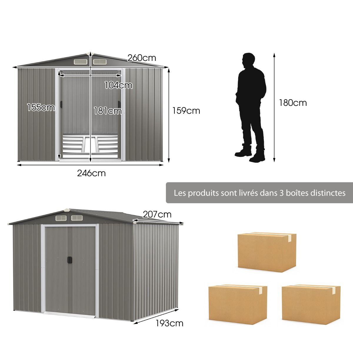 Exterior Metal Garden Shed 9.74m³ Galvanized Steel with Foundation 4 Louvers Double Door and Ramp 260 x 207 x 181 cm Dark Grey/Light Gray -