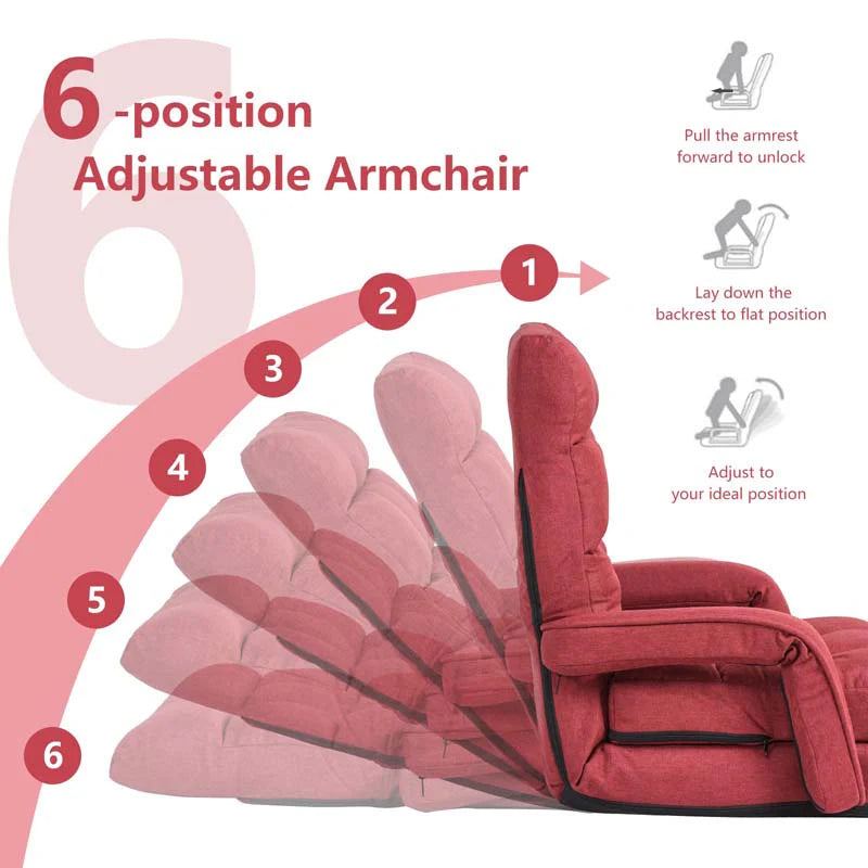 Folding Lazy Sofa Floor Chair with 6-Position Adjustable Backrest, Lumbar Pillow & Armrests - Product image 22