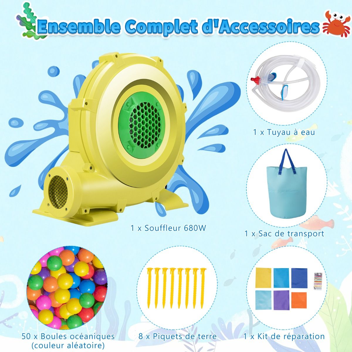 6 in 1 Ocean Bouncy Castle with 680W Blower Water Slide & 2 Pools Inflatable Bounce House Load 90kg -