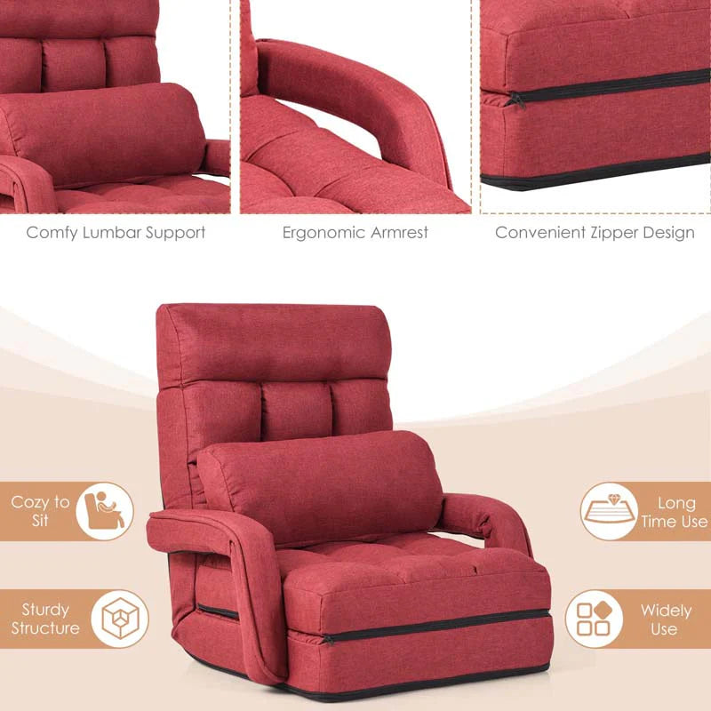 Folding Lazy Sofa Floor Chair with 6-Position Adjustable Backrest, Lumbar Pillow & Armrests - Product image 25