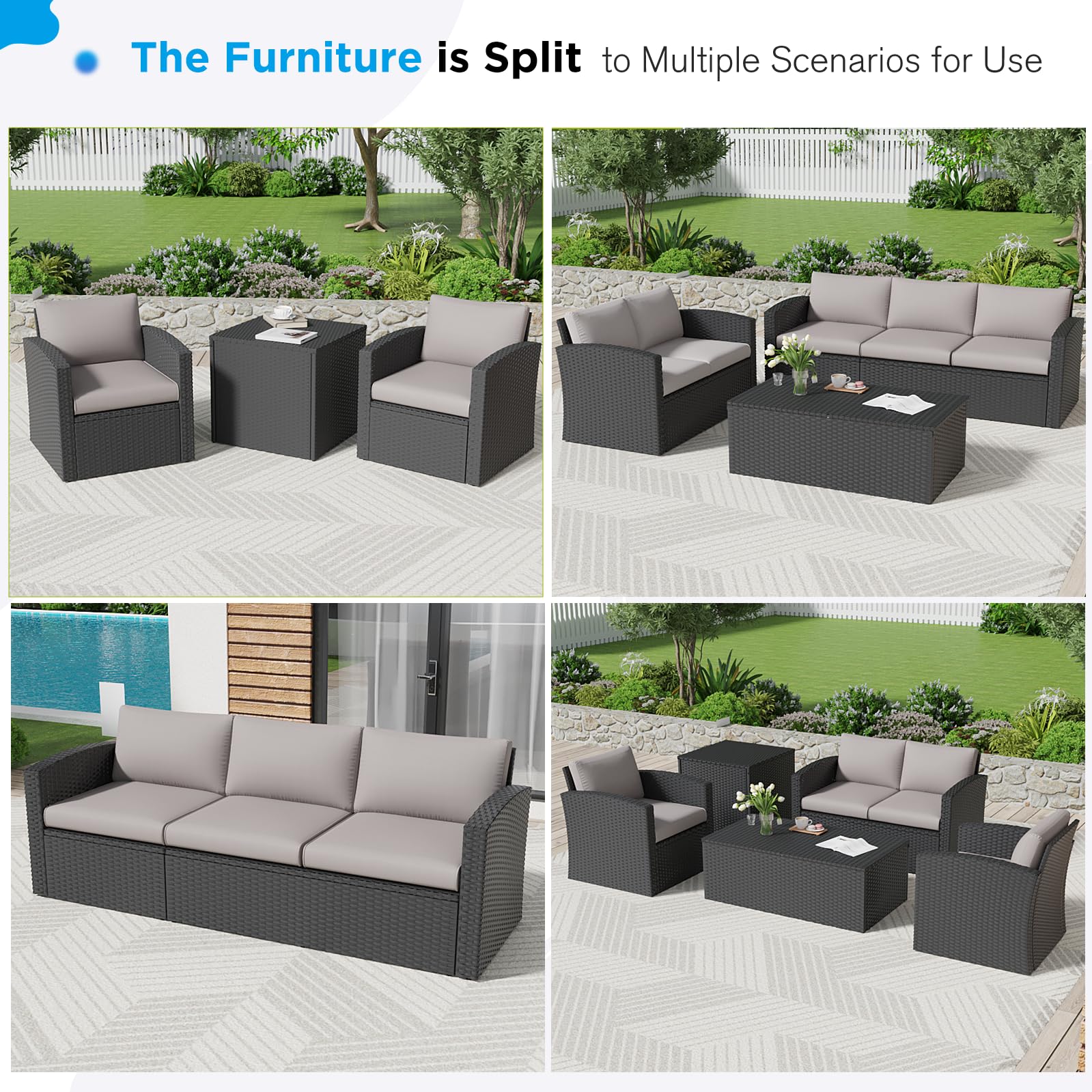 AECOJOY 7 PCS Outdoor Patio Furniture Sets with 2 Storage Boxes, Black & Grey