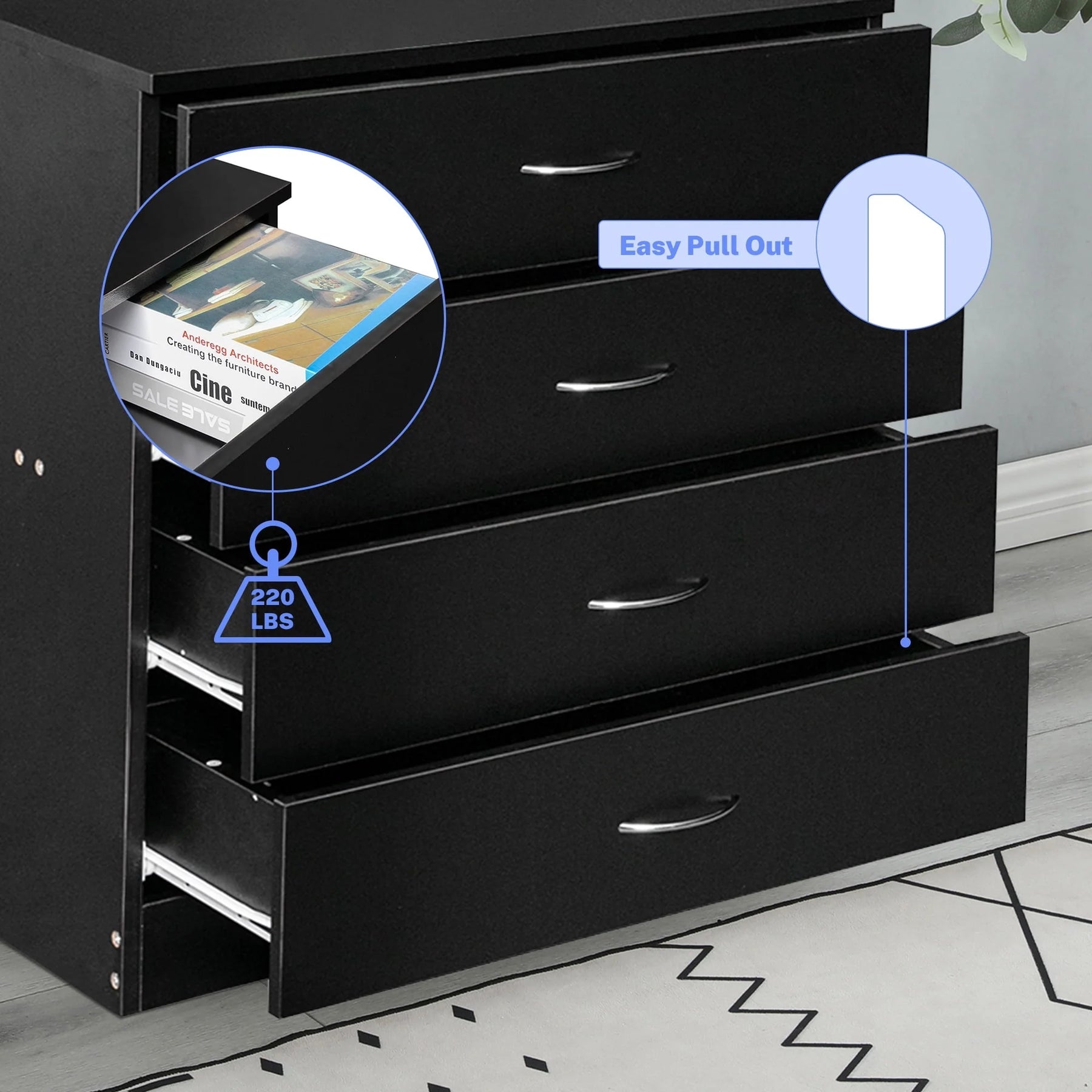 Segmart Black Chest of 4 Drawers, Wood Bedroom Furniture Chest Cabinet with Metal Handles for Kids Room - Product image 7