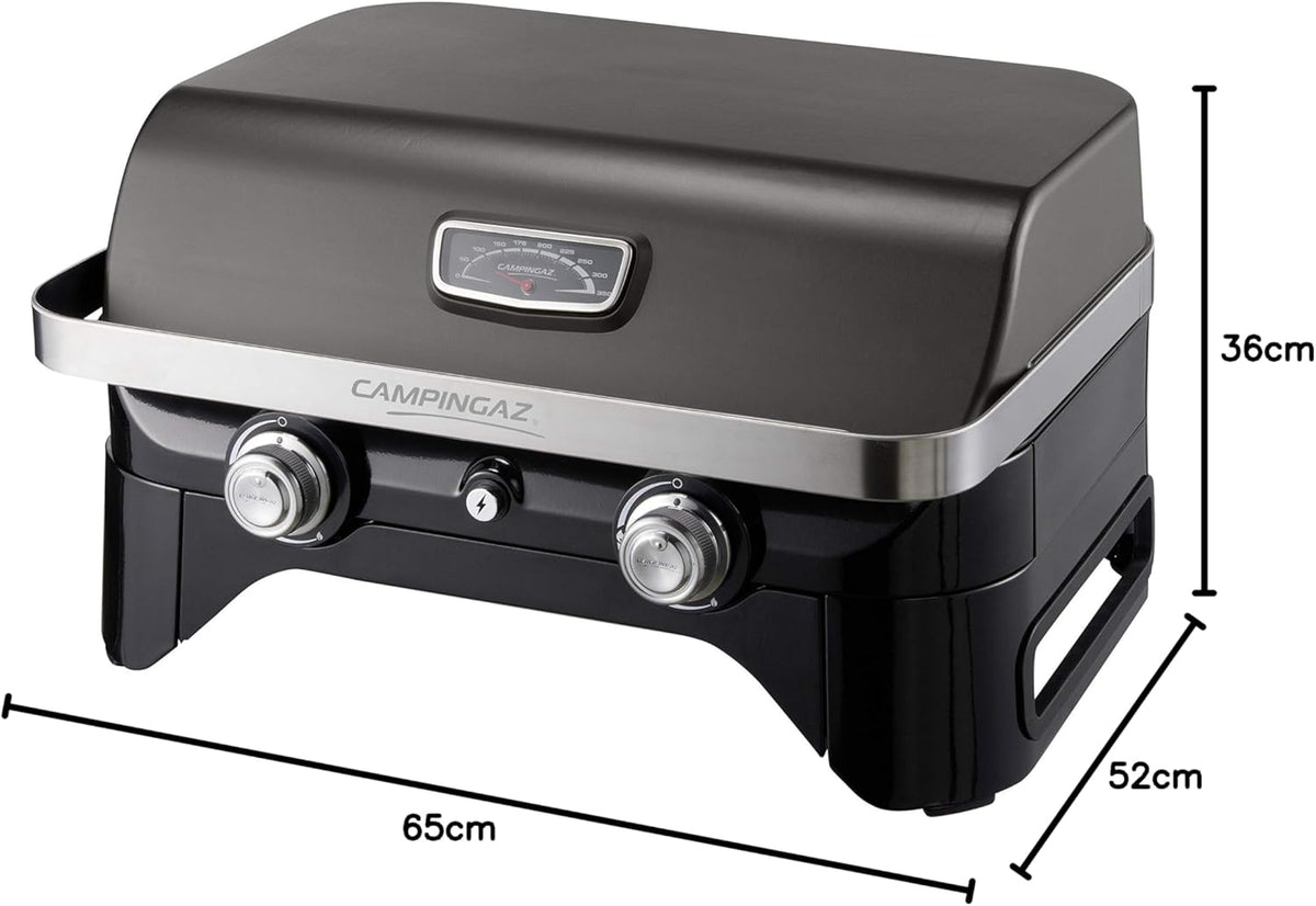 Attitude2go, Low Smoke Tabletop Barbecue, Portable BBQ, with Lid, Thermometer, and Cast Iron Grill, Power Supply: CV 470 Plus Gas Cartridge, Gray