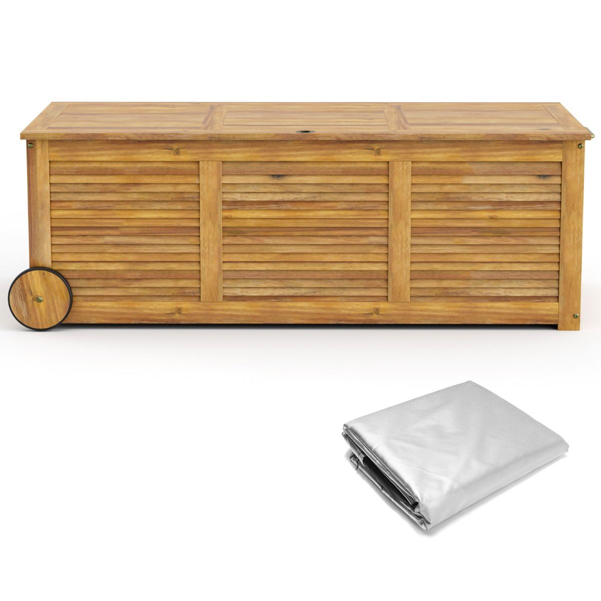 182L Acacia Wood Storage Chest Metal Hinge Outdoor Storage Bench on Wheels for Garden Patio -