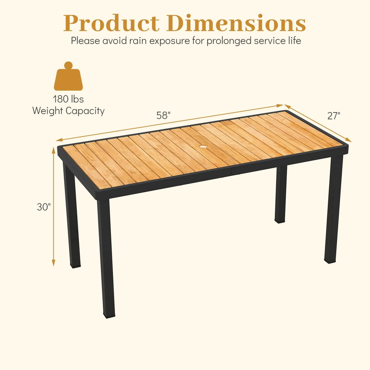 Tangkula 58" Rectangular Patio Dining Table for 6 Acacia Wood Outdoor Table - Product image 3