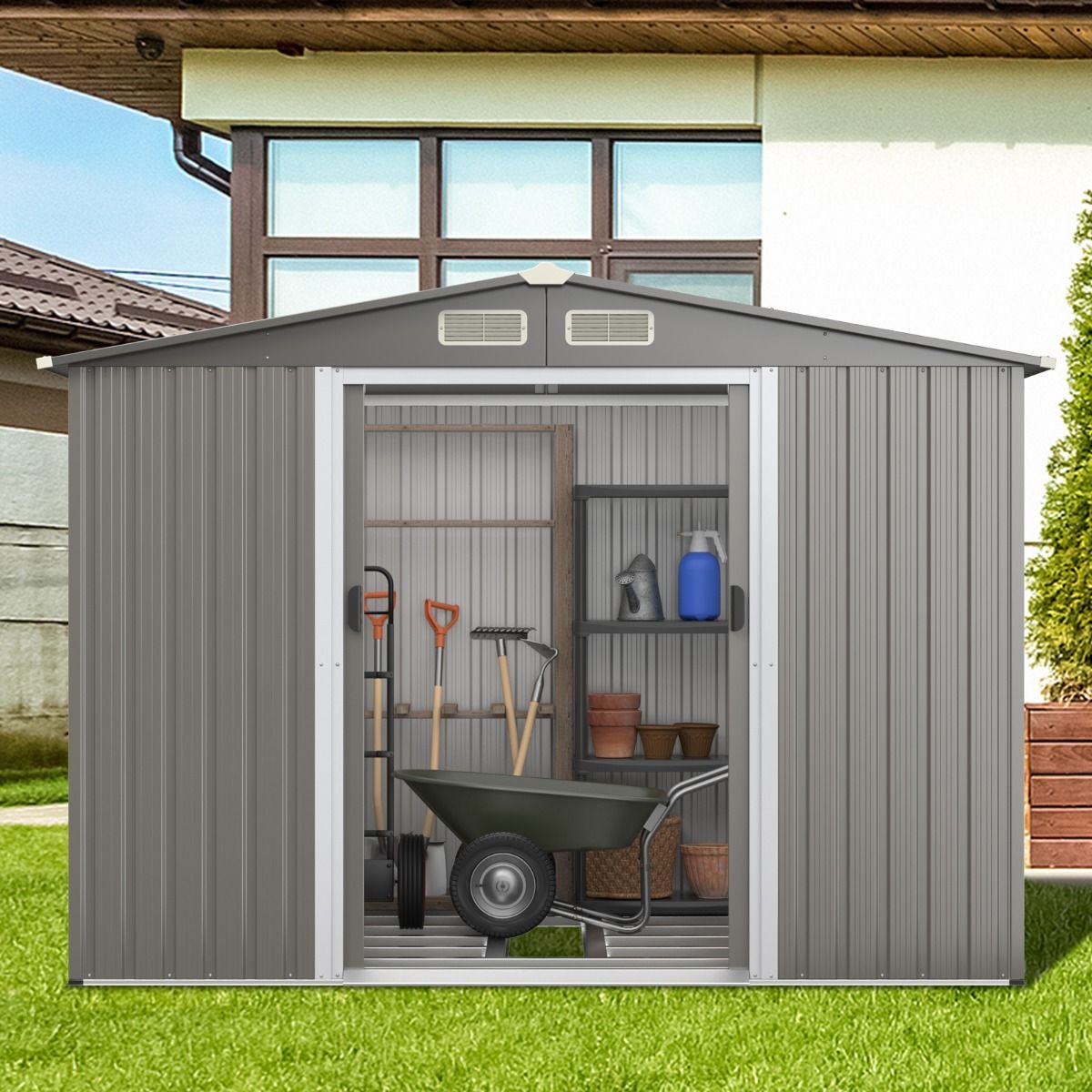 Exterior Metal Garden Shed 9.74m³ Galvanized Steel with Foundation 4 Louvers Double Door and Ramp 260 x 207 x 181 cm Dark Grey/Light Gray -