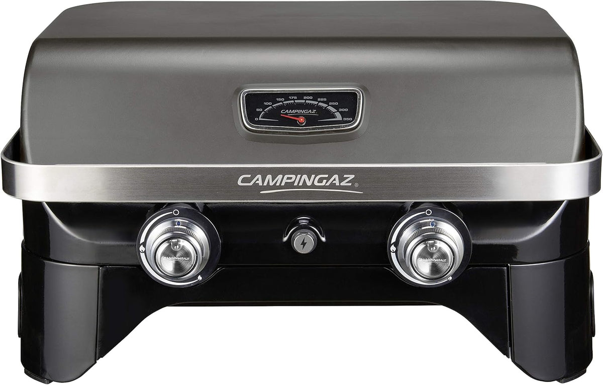Attitude2go, Low Smoke Tabletop Barbecue, Portable BBQ, with Lid, Thermometer, and Cast Iron Grill, Power Supply: CV 470 Plus Gas Cartridge, Gray