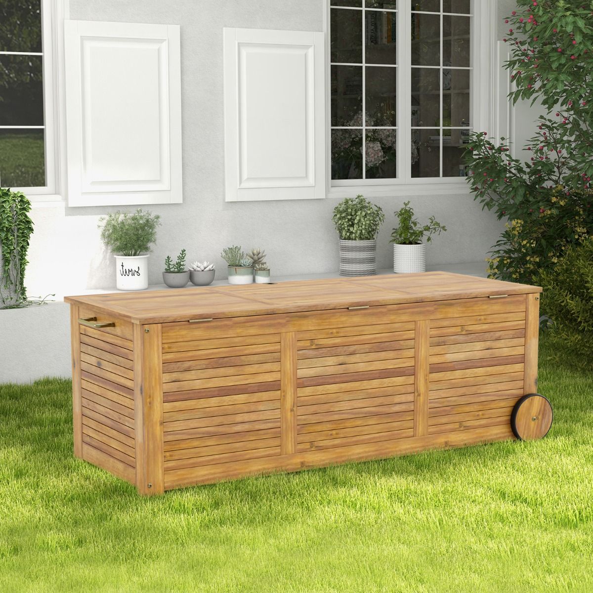 182L Acacia Wood Storage Chest Metal Hinge Outdoor Storage Bench on Wheels for Garden Patio -