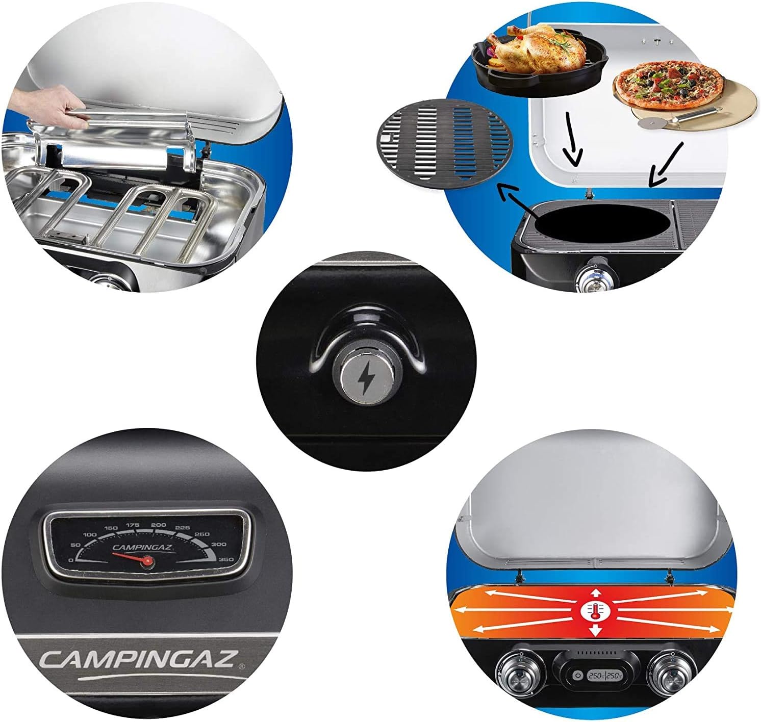 Attitude2go, Low Smoke Tabletop Barbecue, Portable BBQ, with Lid, Thermometer, and Cast Iron Grill, Power Supply: CV 470 Plus Gas Cartridge, Gray