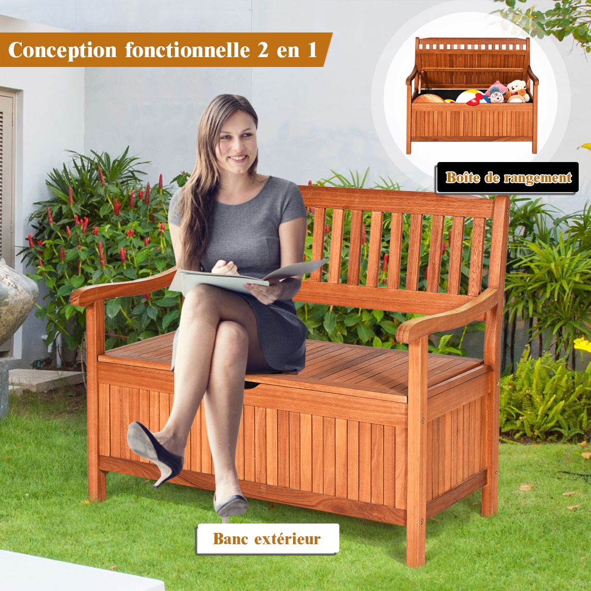 2-Seater Garden Bench 107 x 59 x 90 CM in Acacia Wood with Storage Compartment for Garden Terrace Balcony -