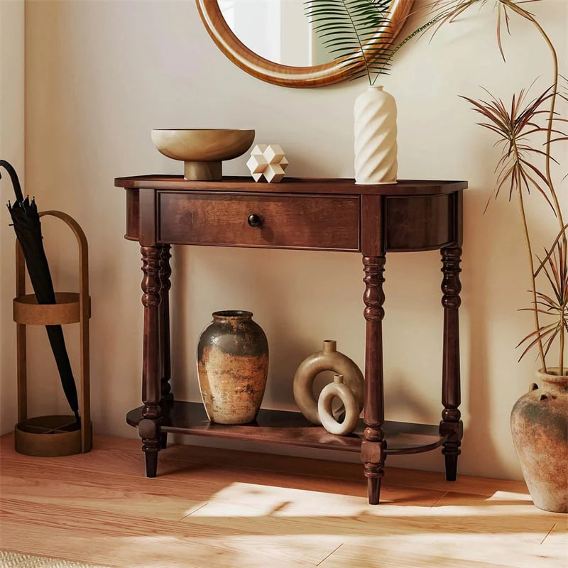 36" 2-Tier Retro Console Table with Storage Drawer & Open Shelf, Solid Wood Narrow Entryway Sofa Table for - Product image 10