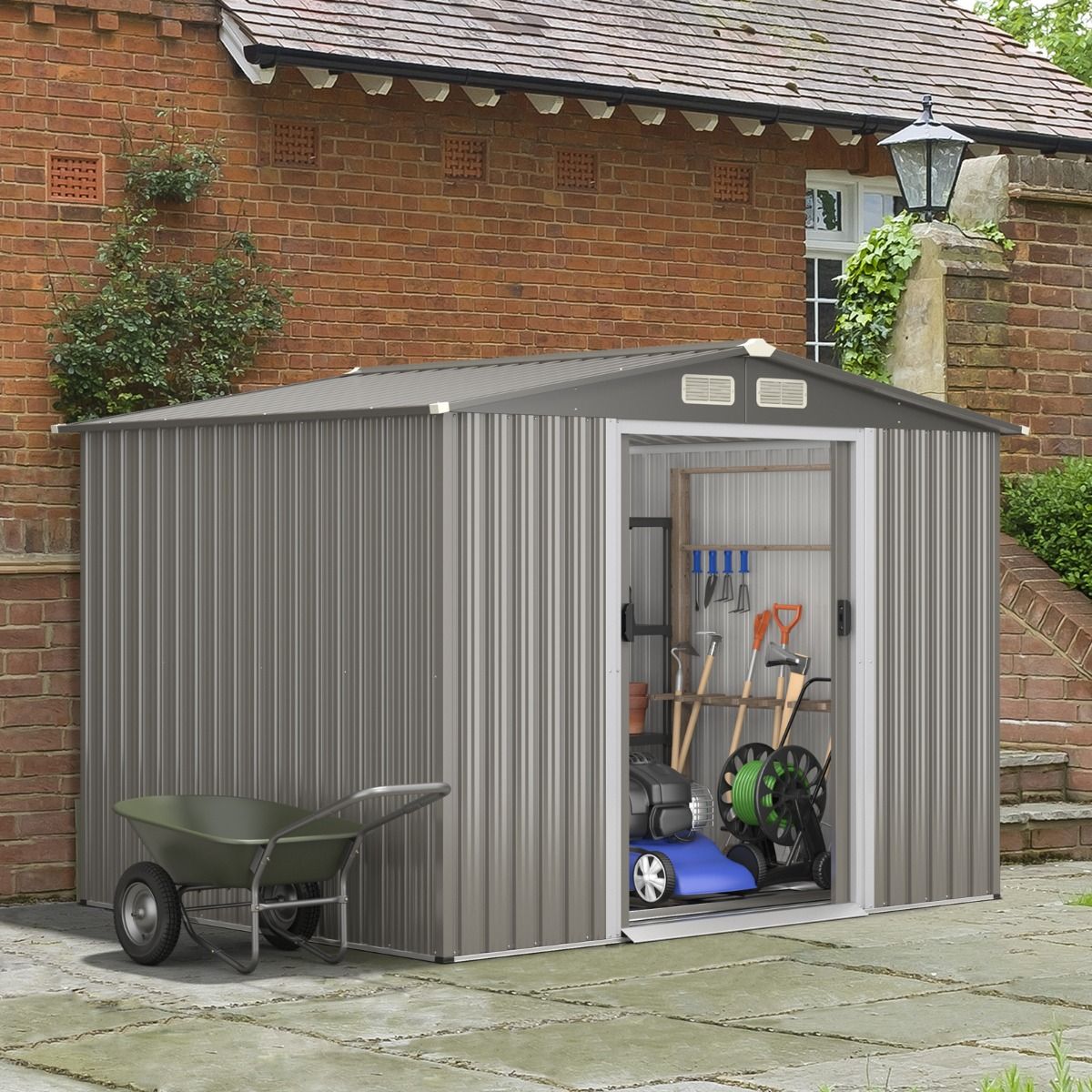 Exterior Metal Garden Shed 9.74m³ Galvanized Steel with Foundation 4 Louvers Double Door and Ramp 260 x 207 x 181 cm Dark Grey/Light Gray -