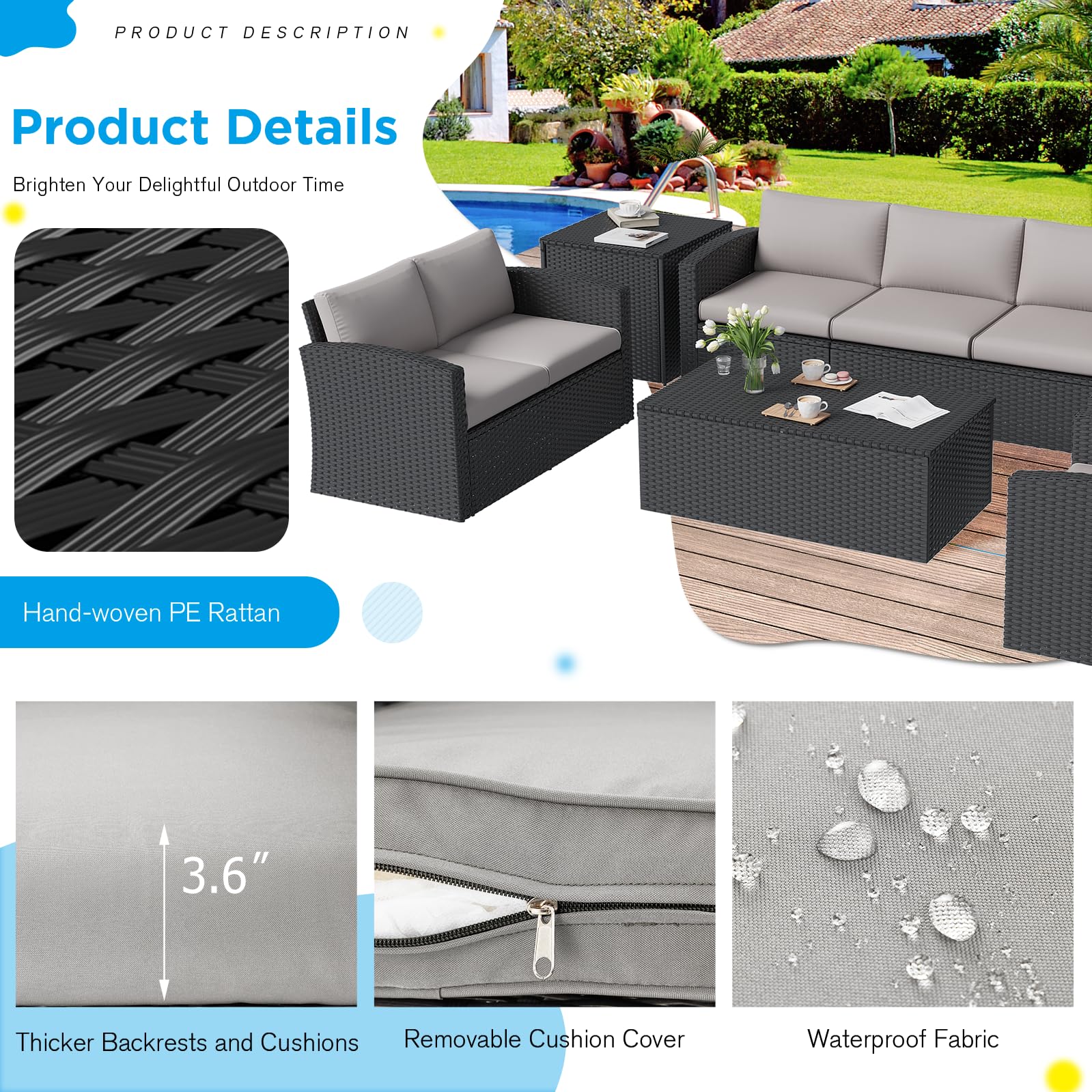AECOJOY 7 PCS Outdoor Patio Furniture Sets with 2 Storage Boxes, Black & Grey