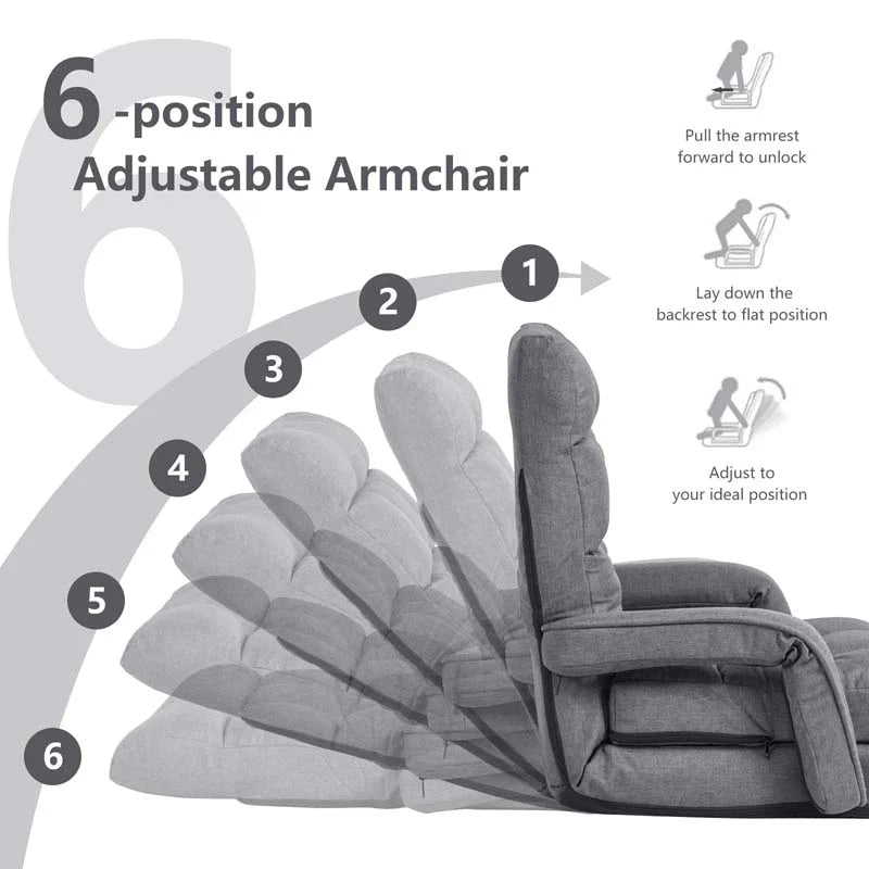 Folding Lazy Sofa Floor Chair with 6-Position Adjustable Backrest, Lumbar Pillow & Armrests - Product image 12