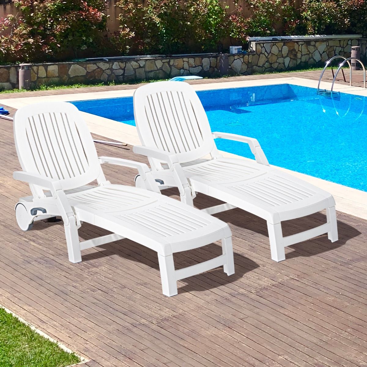 5 Position Adjustable Reclining Deck Chair with Flexible Wheels Camping Relax Armchair with Storage Box Load 150KG White -