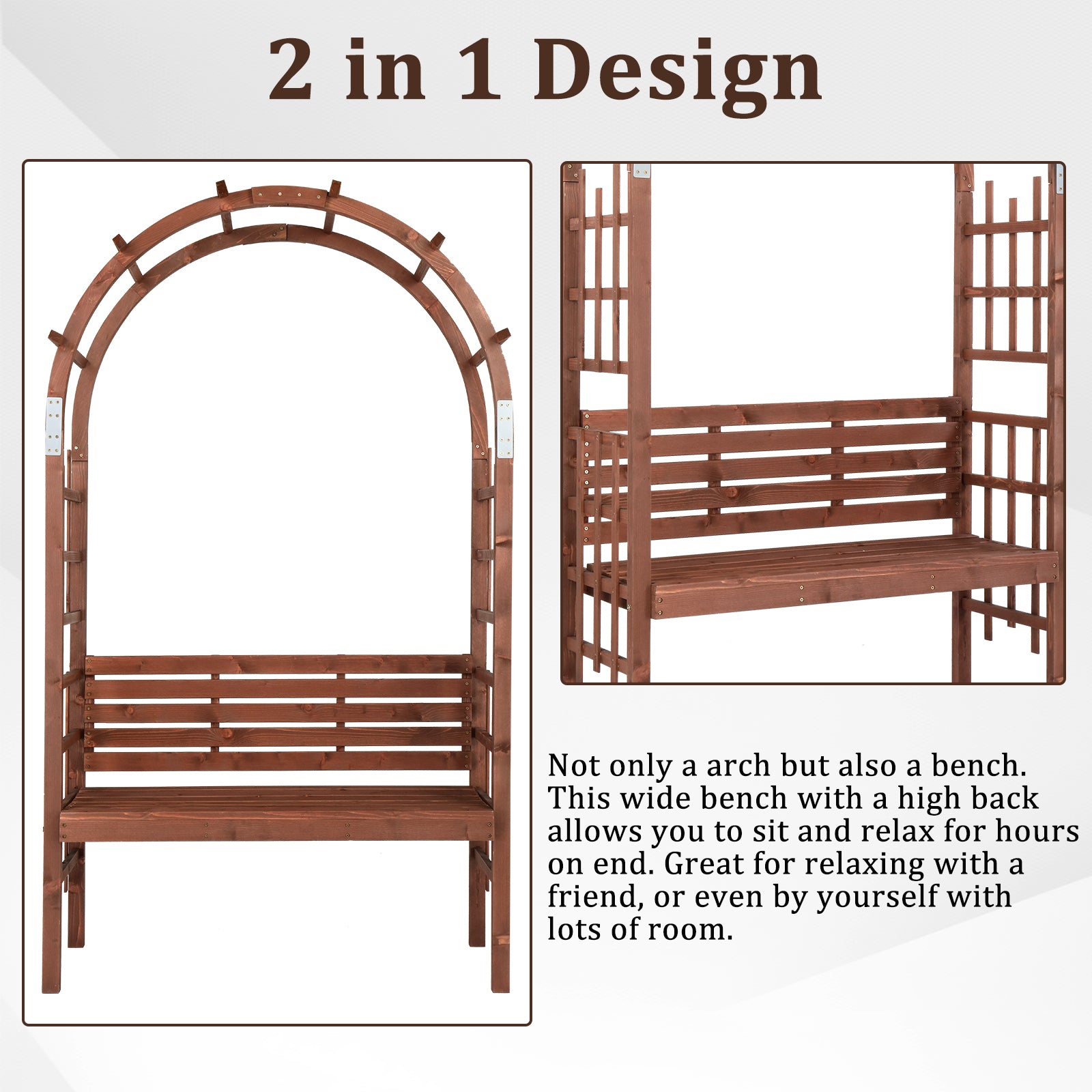 6.8FT Wooden Arch with Bench for 2 People, Garden Arbor Trellis for Climbing Plant - Product image 4