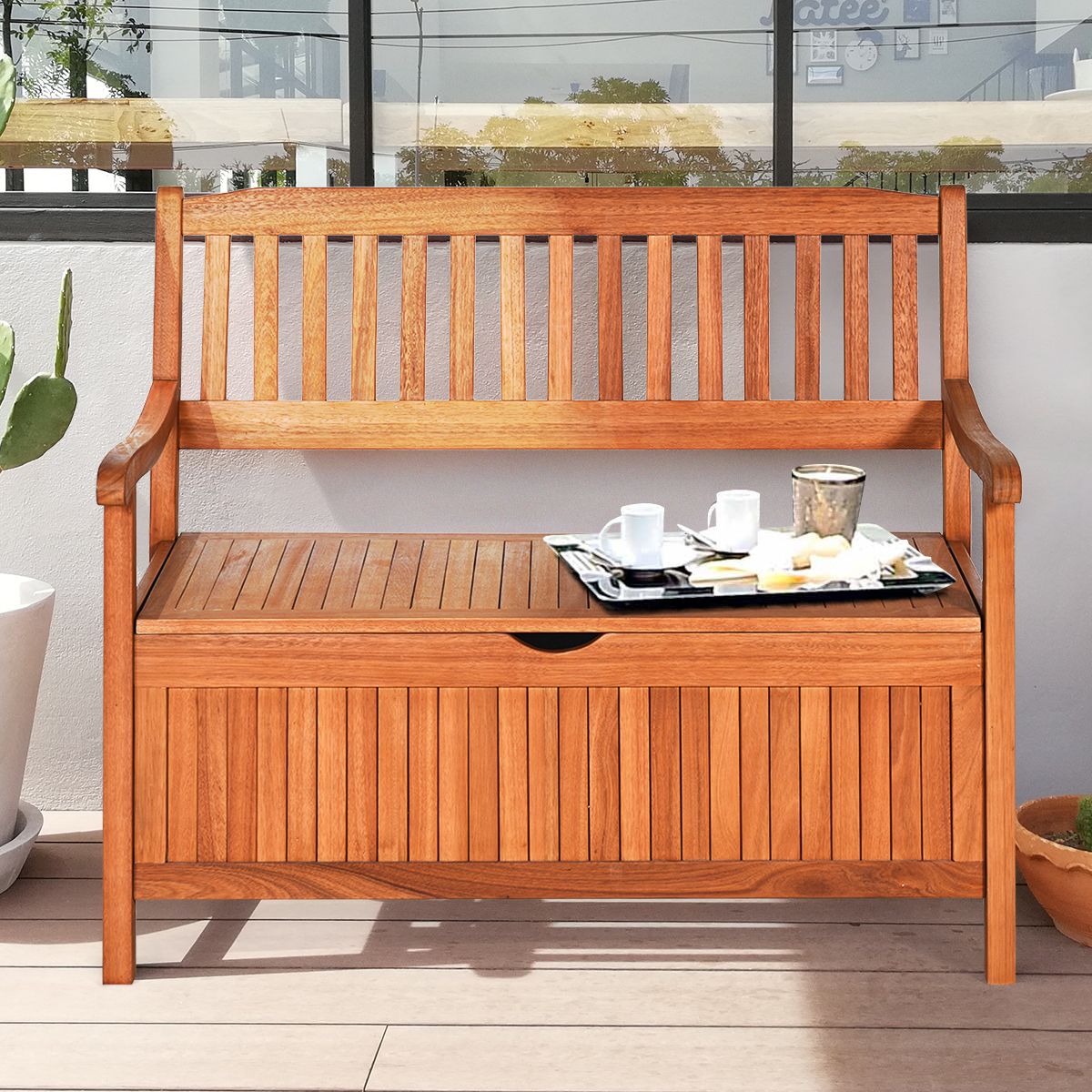 2-Seater Garden Bench 107 x 59 x 90 CM in Acacia Wood with Storage Compartment for Garden Terrace Balcony -