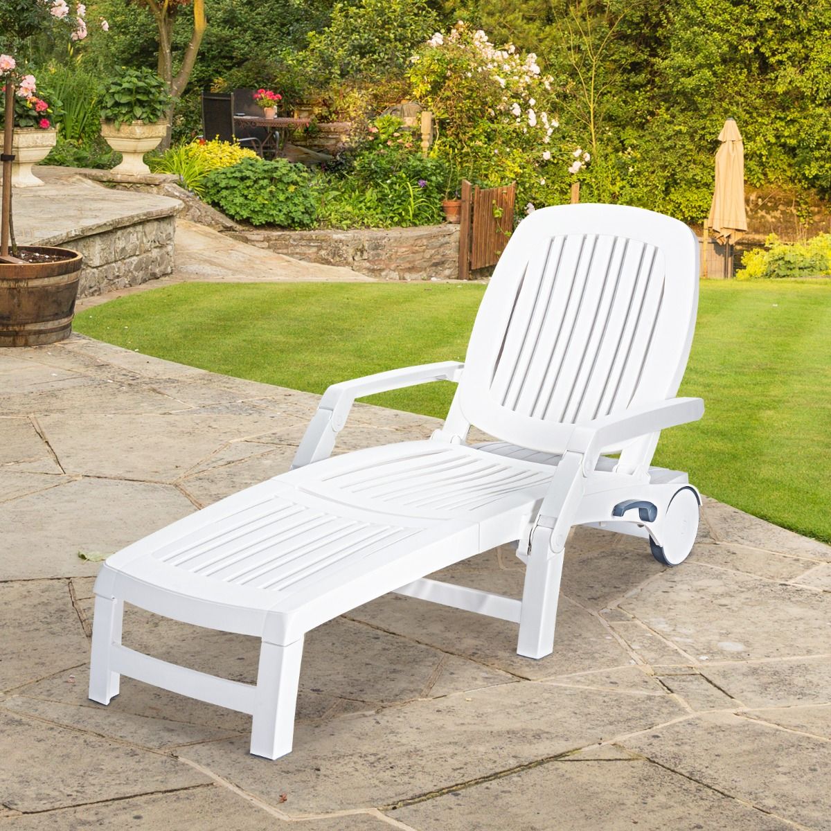 5 Position Adjustable Reclining Deck Chair with Flexible Wheels Camping Relax Armchair with Storage Box Load 150KG White -