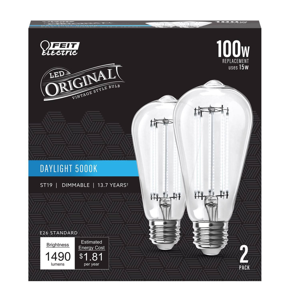 Feit ST19 E26 (Medium) Filament LED Bulb Daylight 100 Watt Equivalence - 2 Pk - Product image 1