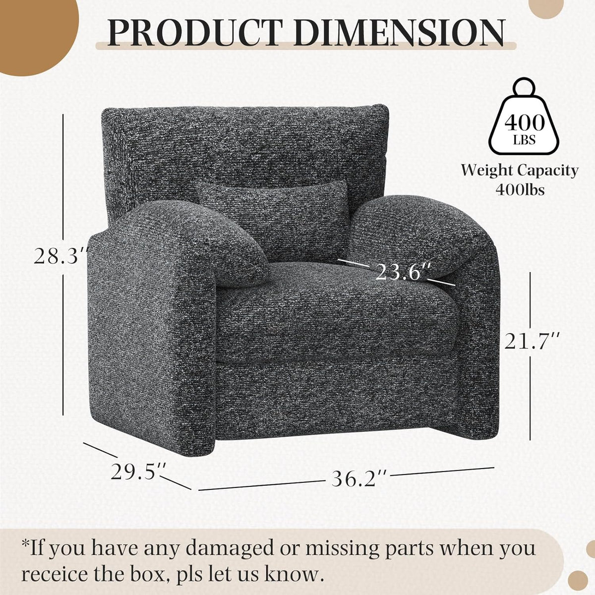 AECOJOY Oversized Armchair, Chenille Mid Century Accent Chair, Comfy Upholstered Single Sofa - Product image 2