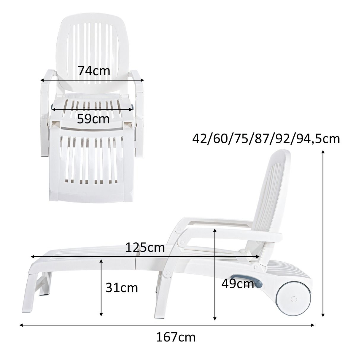 5 Position Adjustable Reclining Deck Chair with Flexible Wheels Camping Relax Armchair with Storage Box Load 150KG White -