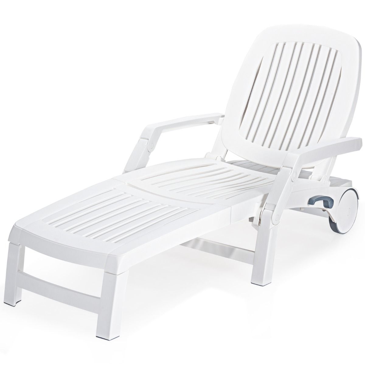 5 Position Adjustable Reclining Deck Chair with Flexible Wheels Camping Relax Armchair with Storage Box Load 150KG White -