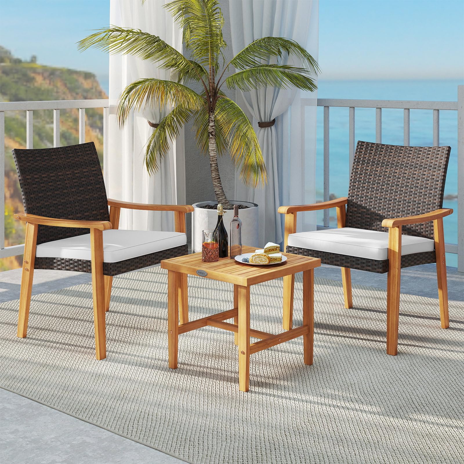 Tangkula 3 Pieces Patio PE Wicker Furniture Set Acacia Wood Outdoor Conversation Bistro Set - Product image 3