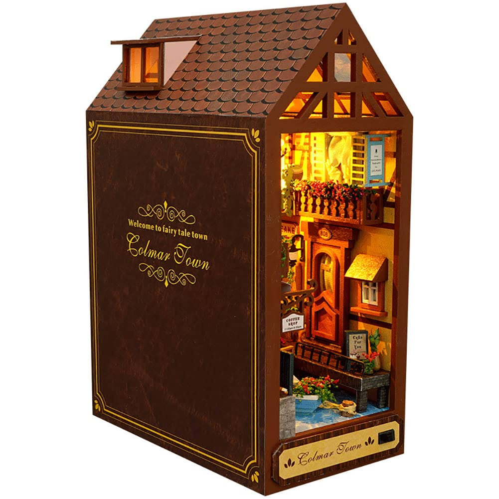 TOPBSFARNY 3D Wooden Book Stand Puzzle DIY Dollhouse Wood Bookends Book Nook Model Building Kit with LED - Product image 1