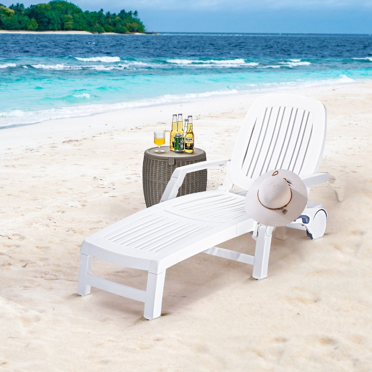 5 Position Adjustable Reclining Deck Chair with Flexible Wheels Camping Relax Armchair with Storage Box Load 150KG White -
