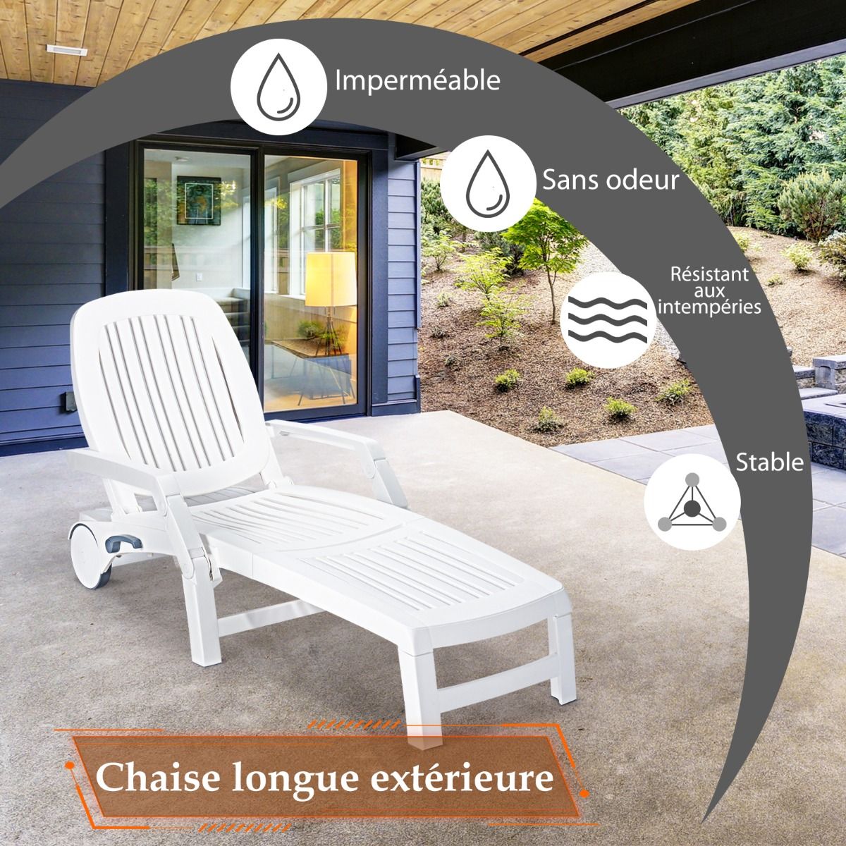 5 Position Adjustable Reclining Deck Chair with Flexible Wheels Camping Relax Armchair with Storage Box Load 150KG White -