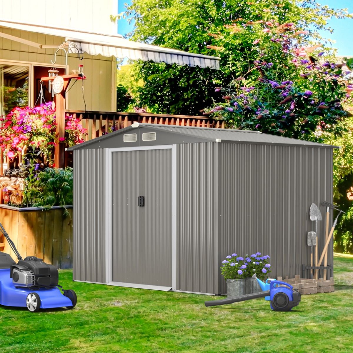 Exterior Metal Garden Shed 9.74m³ Galvanized Steel with Foundation 4 Louvers Double Door and Ramp 260 x 207 x 181 cm Dark Grey/Light Gray -