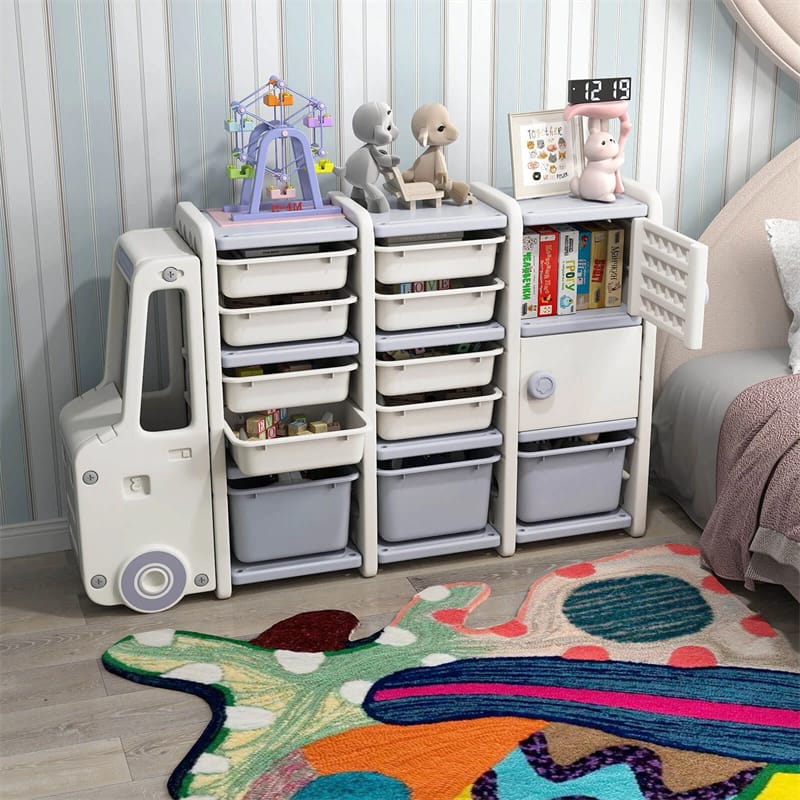 Truck-Shaped Kids Toy Storage Organizer with 11 Removable Bins, 2 Cabinets & Top Shelf - Product image 2