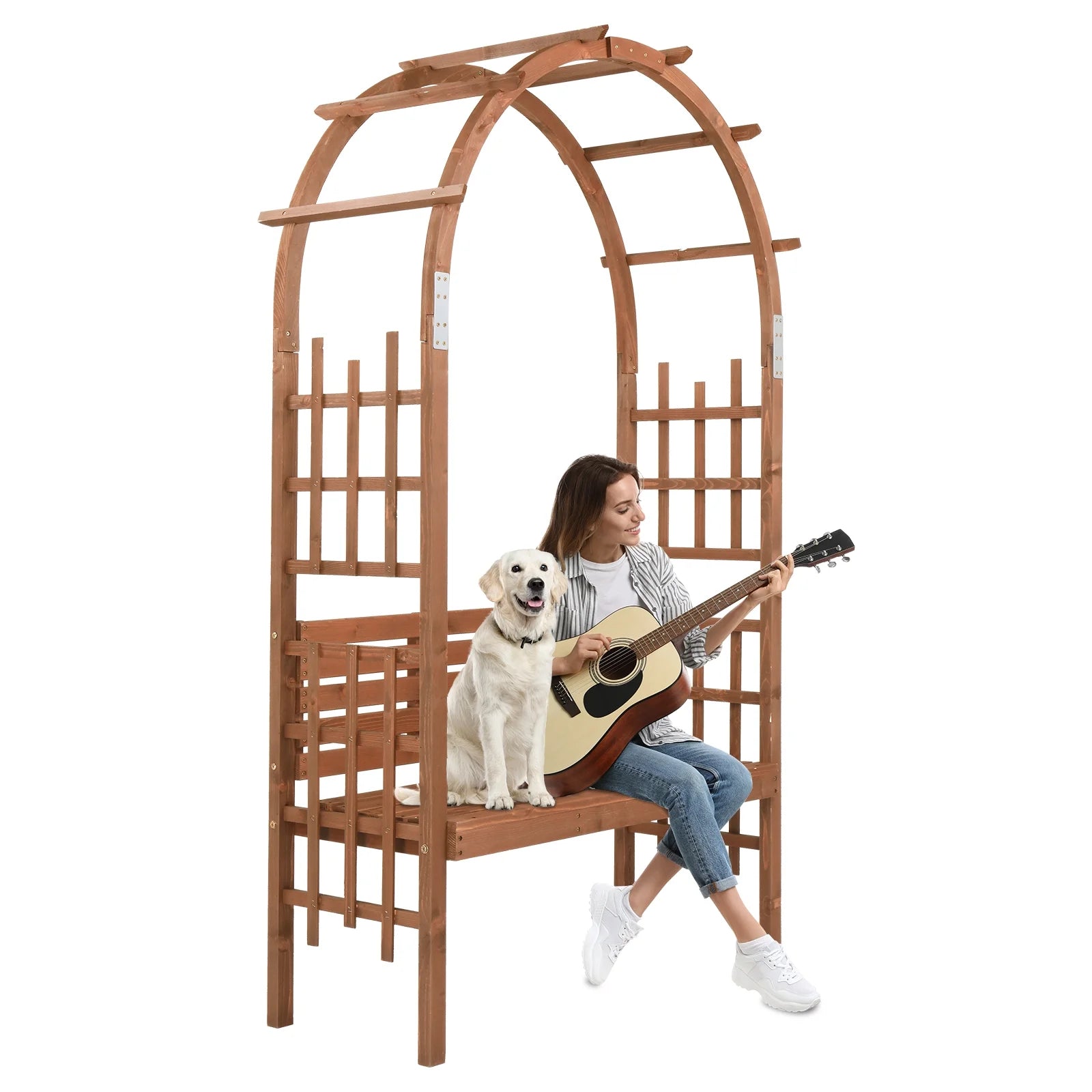6.8FT Wooden Arch with Bench for 2 People, Garden Arbor Trellis for Climbing Plant - Product image 2
