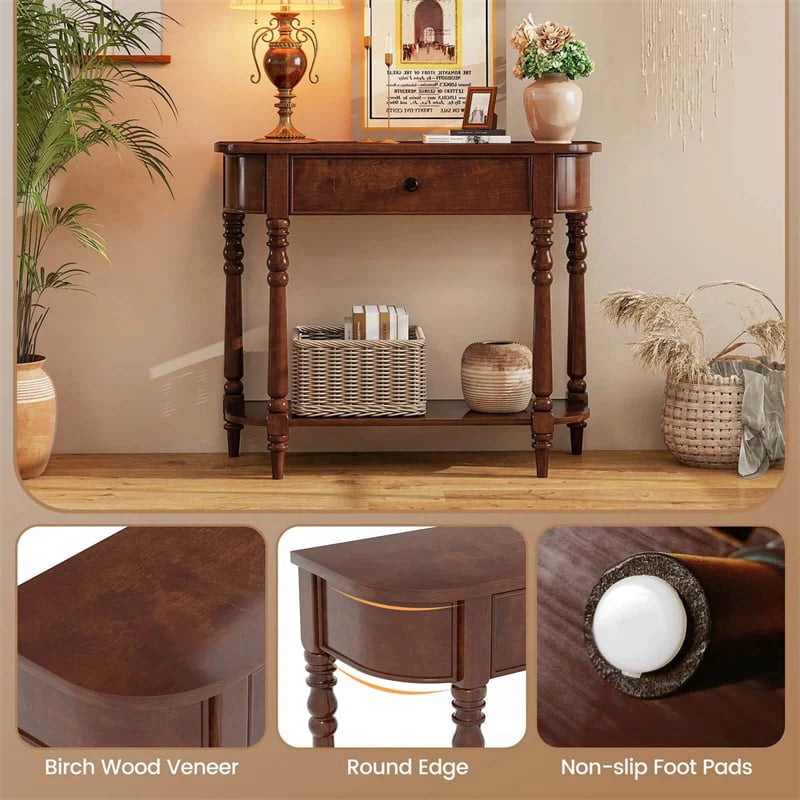 36" 2-Tier Retro Console Table with Storage Drawer & Open Shelf, Solid Wood Narrow Entryway Sofa Table for - Product image 7