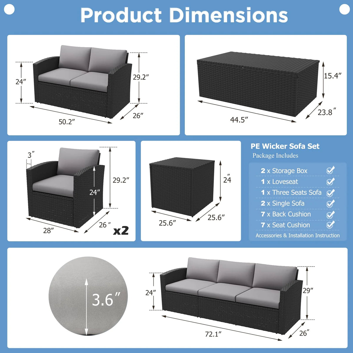 AECOJOY 7 PCS Outdoor Patio Furniture Sets with 2 Storage Boxes, Black & Grey