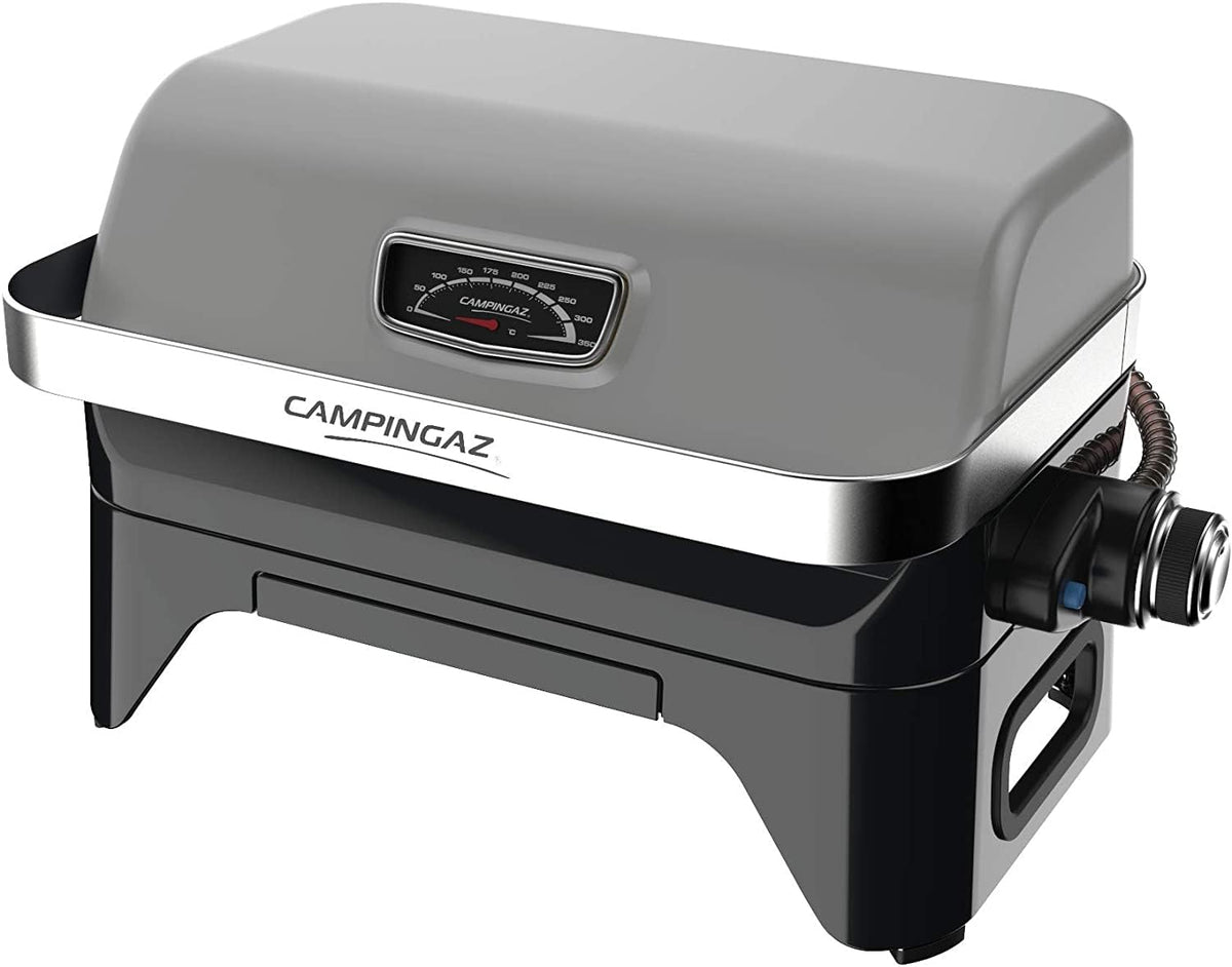 Attitude2go, Low Smoke Tabletop Barbecue, Portable BBQ, with Lid, Thermometer, and Cast Iron Grill, Power Supply: CV 470 Plus Gas Cartridge, Gray