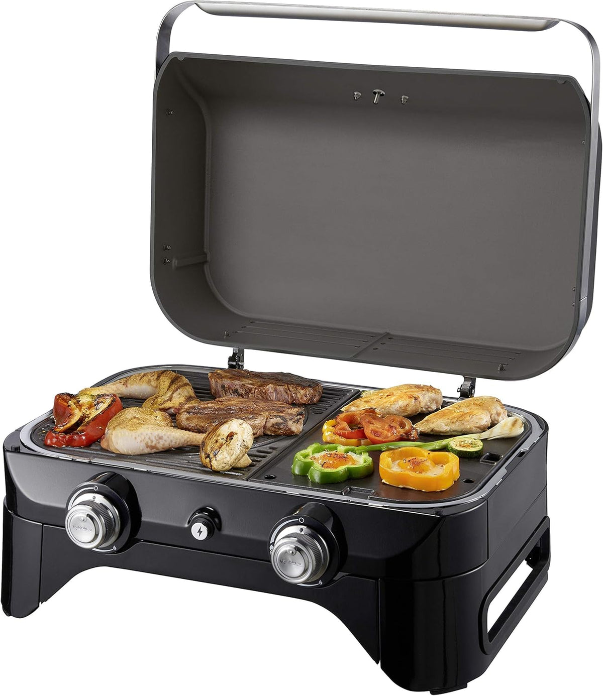 Attitude2go, Low Smoke Tabletop Barbecue, Portable BBQ, with Lid, Thermometer, and Cast Iron Grill, Power Supply: CV 470 Plus Gas Cartridge, Gray