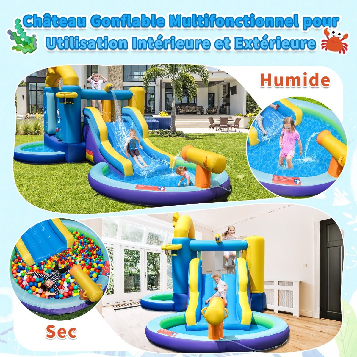 6 in 1 Ocean Bouncy Castle with 680W Blower Water Slide & 2 Pools Inflatable Bounce House Load 90kg -