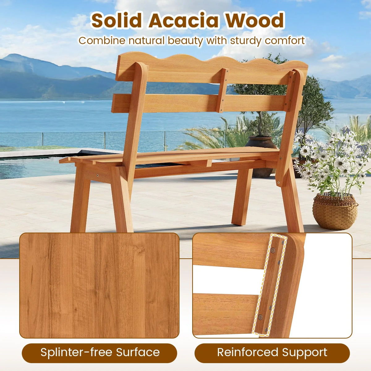 Tangkula 2 Person Patio Garden Bench with Waved Backrest and Slatted Seat - Product image 7