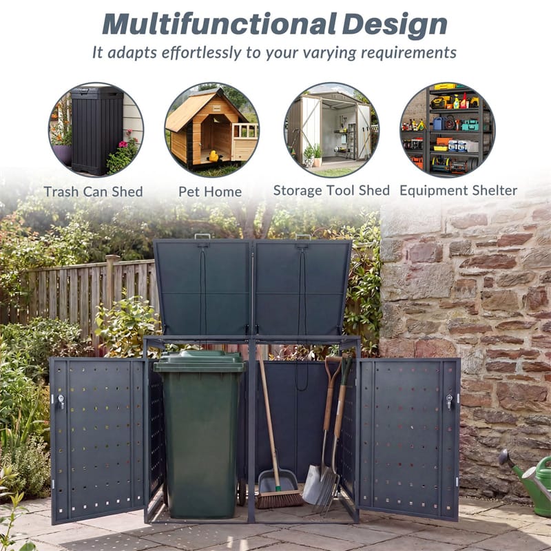 Outdoor Metal Garbage Bin Storage Shed for 2 Trash Cans, 44 Cu.Ft Double Trash Can Enclosure w/ Gas Struts - Product image 5