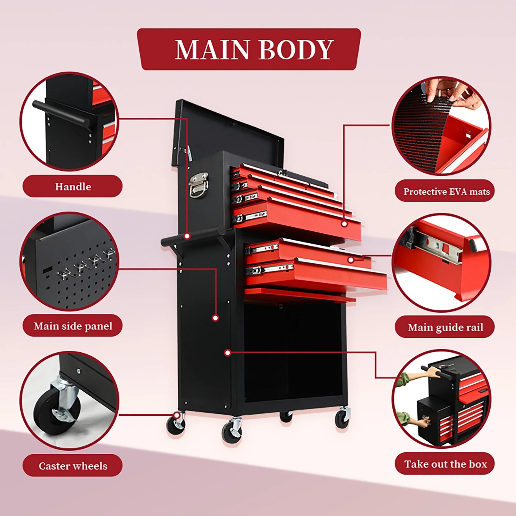 8 Drawer Large Capacity Rolling Toolbox, Detachable Cabinet Storage Tool Chest with Wheels - Product image 11
