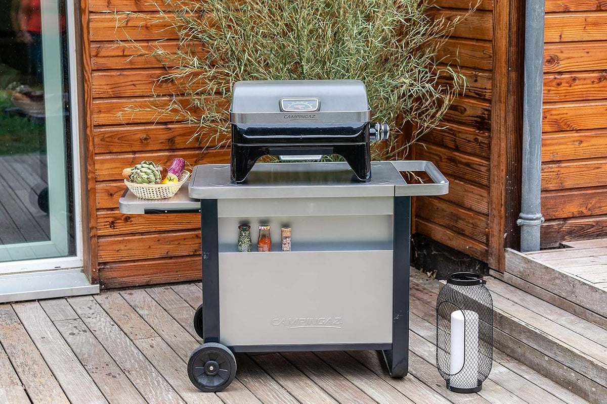 Attitude2go, Low Smoke Tabletop Barbecue, Portable BBQ, with Lid, Thermometer, and Cast Iron Grill, Power Supply: CV 470 Plus Gas Cartridge, Gray