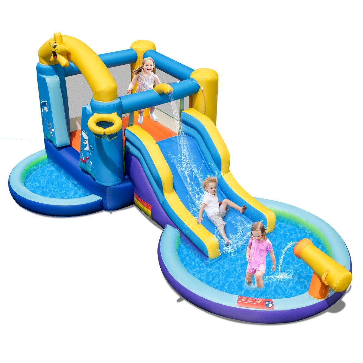 6 in 1 Ocean Bouncy Castle with 680W Blower Water Slide & 2 Pools Inflatable Bounce House Load 90kg -