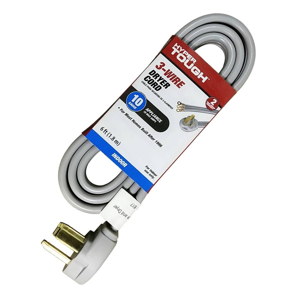 Hyper Tough 6ft 10AWG 3 Prong Gray Indoor Dryer Appliance Cord - Product image 1
