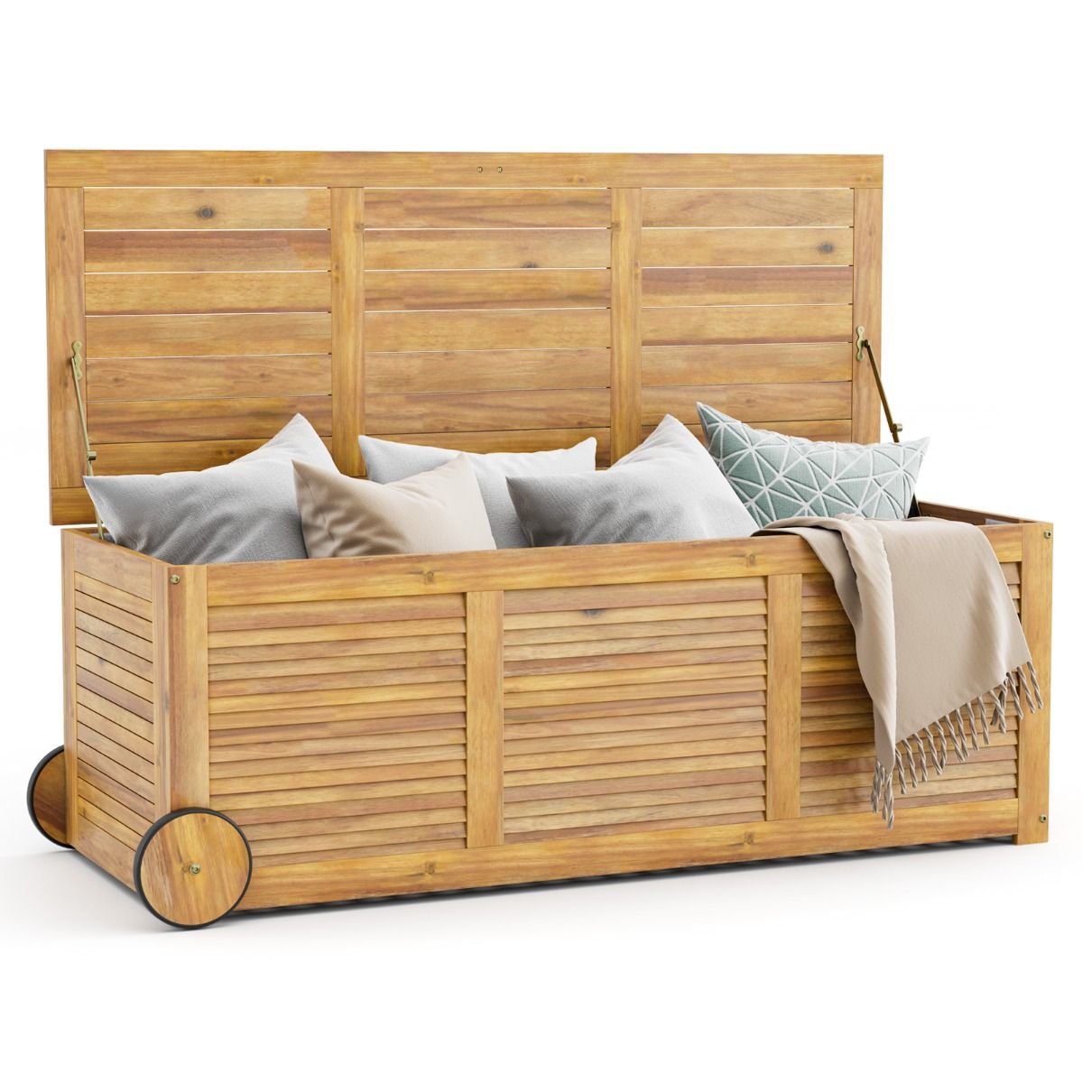 182L Acacia Wood Storage Chest Metal Hinge Outdoor Storage Bench on Wheels for Garden Patio -
