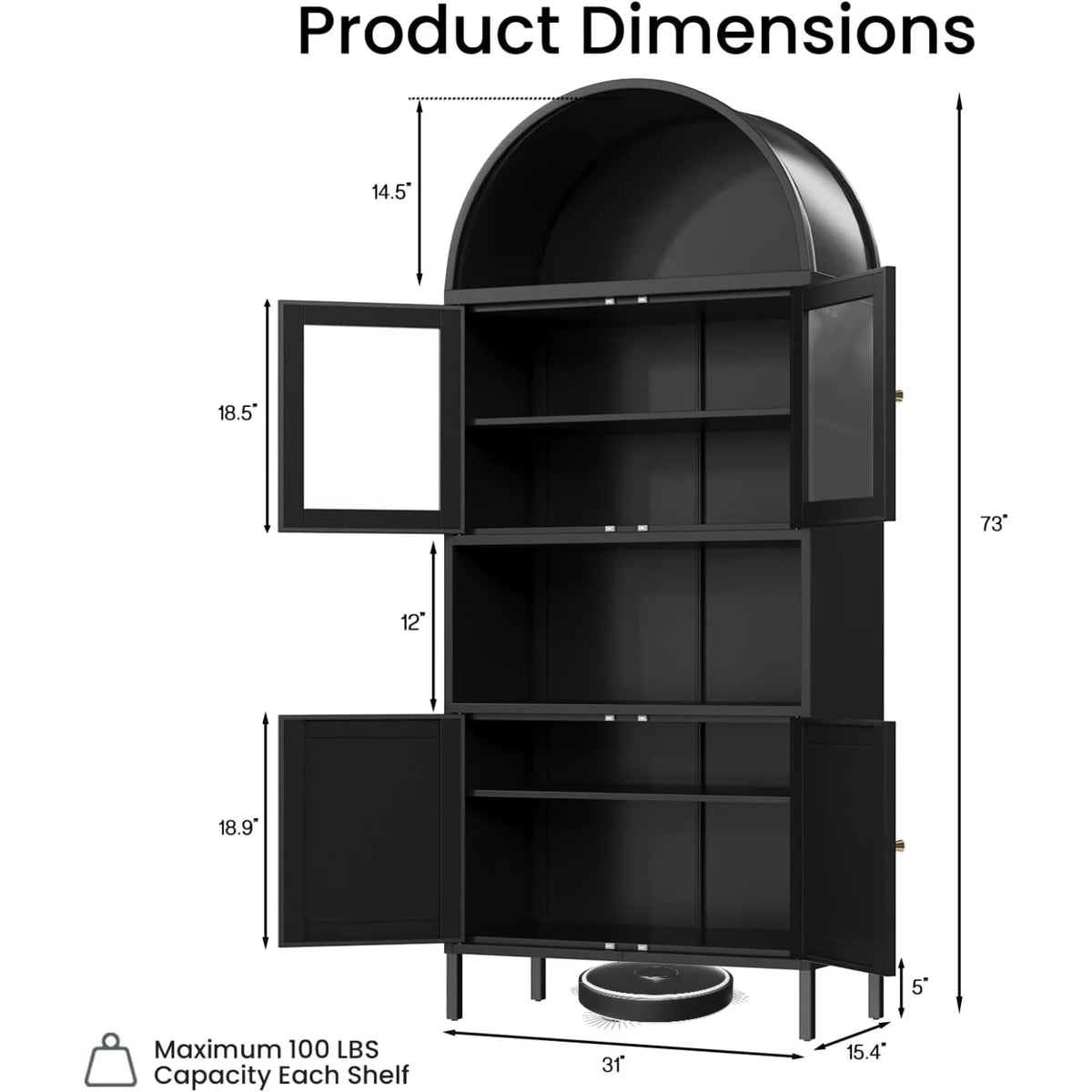 AECOJOY 73" Kitchen Pantry, Metal Arched Cabinet with Glass Door & Adjustable Shelves - Product image 3