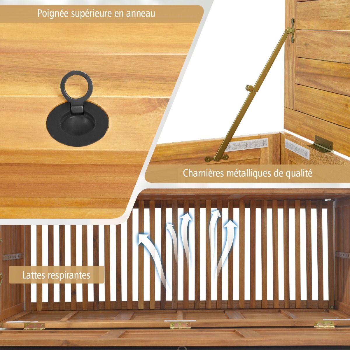 182L Acacia Wood Storage Chest Metal Hinge Outdoor Storage Bench on Wheels for Garden Patio -