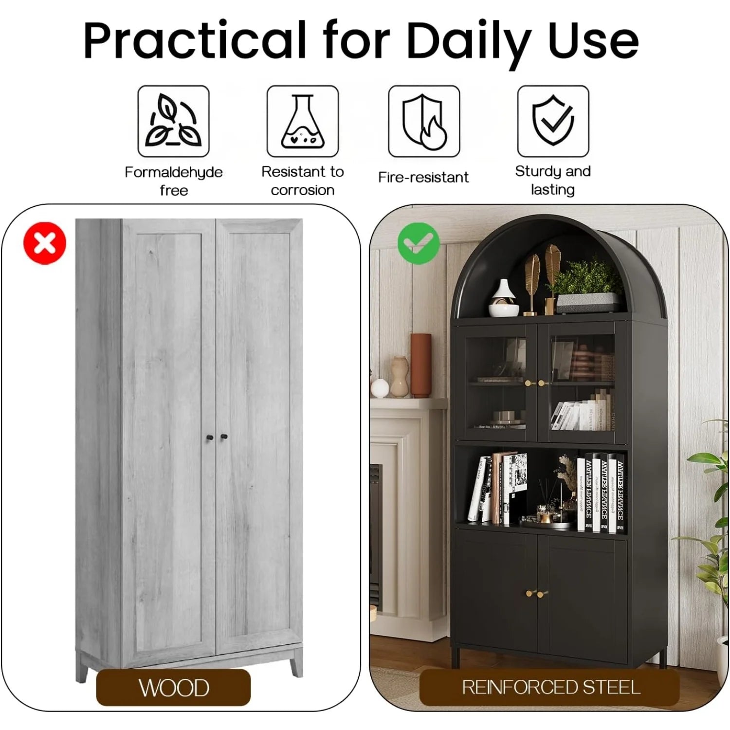 AECOJOY 73" Kitchen Pantry, Metal Arched Cabinet with Glass Door & Adjustable Shelves - Product image 6
