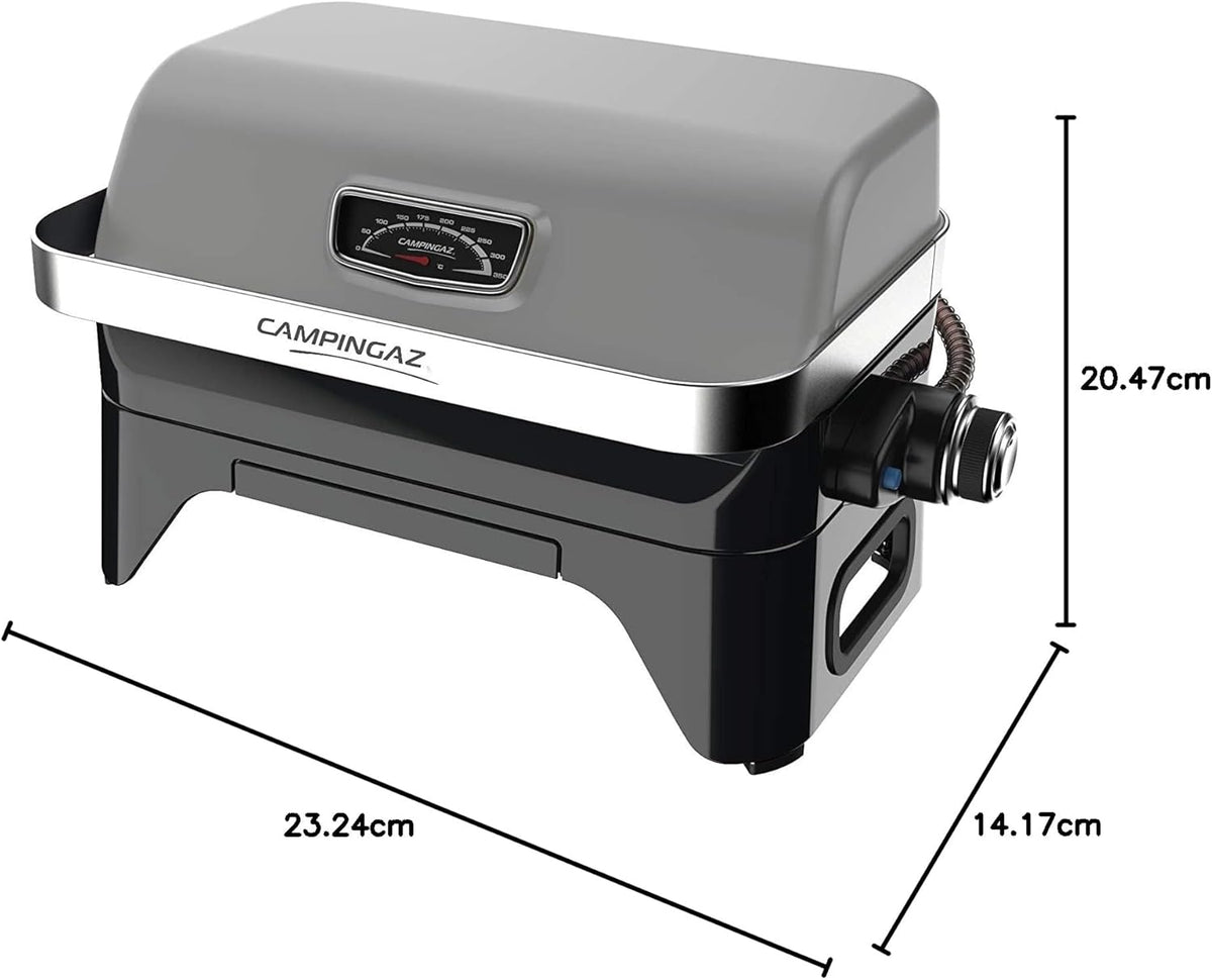 Attitude2go, Low Smoke Tabletop Barbecue, Portable BBQ, with Lid, Thermometer, and Cast Iron Grill, Power Supply: CV 470 Plus Gas Cartridge, Gray