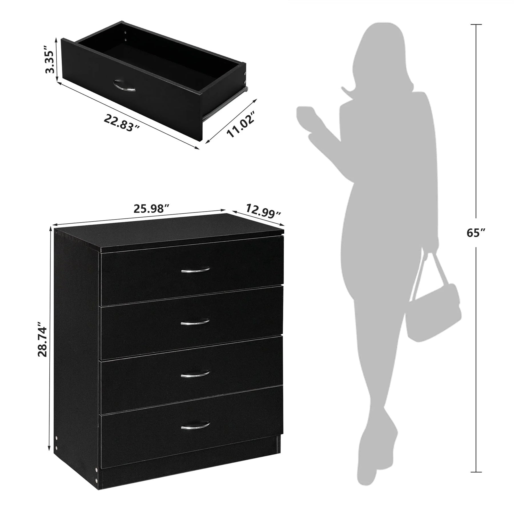 Segmart Black Chest of 4 Drawers, Wood Bedroom Furniture Chest Cabinet with Metal Handles for Kids Room - Product image 2
